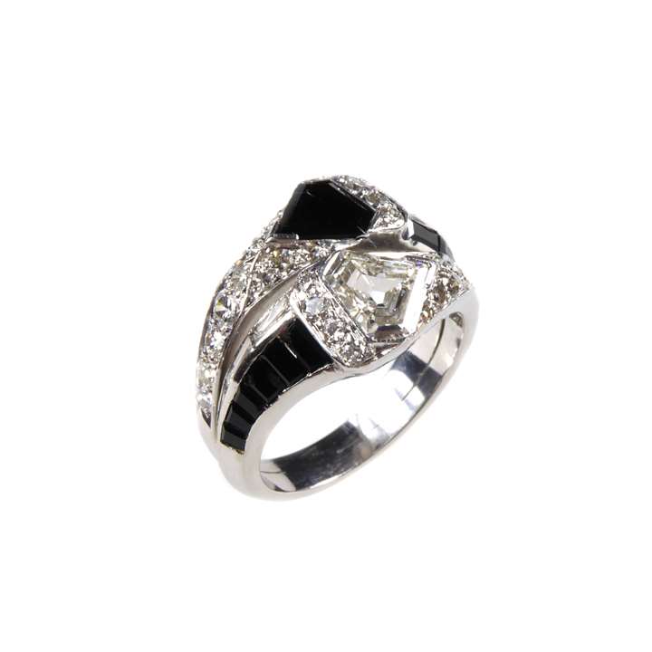 Art Deco onyx and diamond two row crossover cluster ring